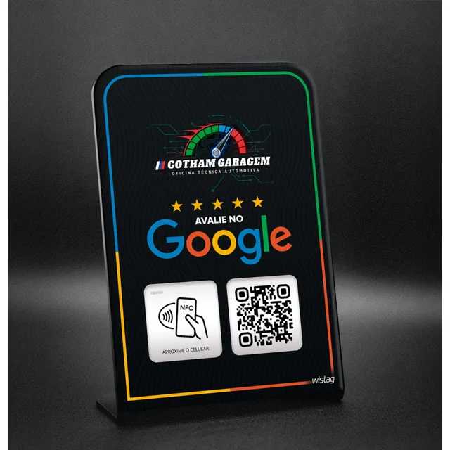 Projeto de placa NFC para avaliações no Google da Gotham Garagem, com fundo preto e contorno colorido