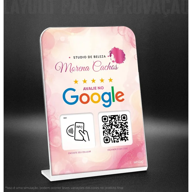 Projeto de placa NFC para avaliações no Google da Morena Cachos, com identidade visual rosa floral